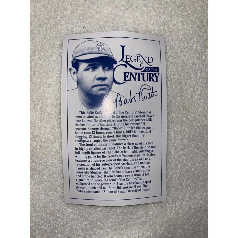 Pristine 1999 Babe Ruth Legend of the Century Collectors Lidded Beer Stein COA - Picture 12 of 14